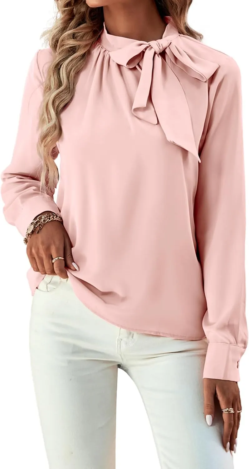 Umenlele Women's Elegant Tie Knot Mock Neck Ruched Long Sleeve Blouse Shirt Top