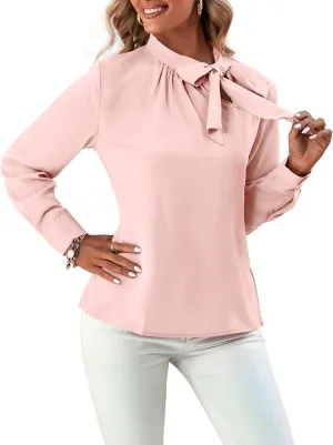 Umenlele Women's Elegant Tie Knot Mock Neck Ruched Long Sleeve Blouse Shirt Top