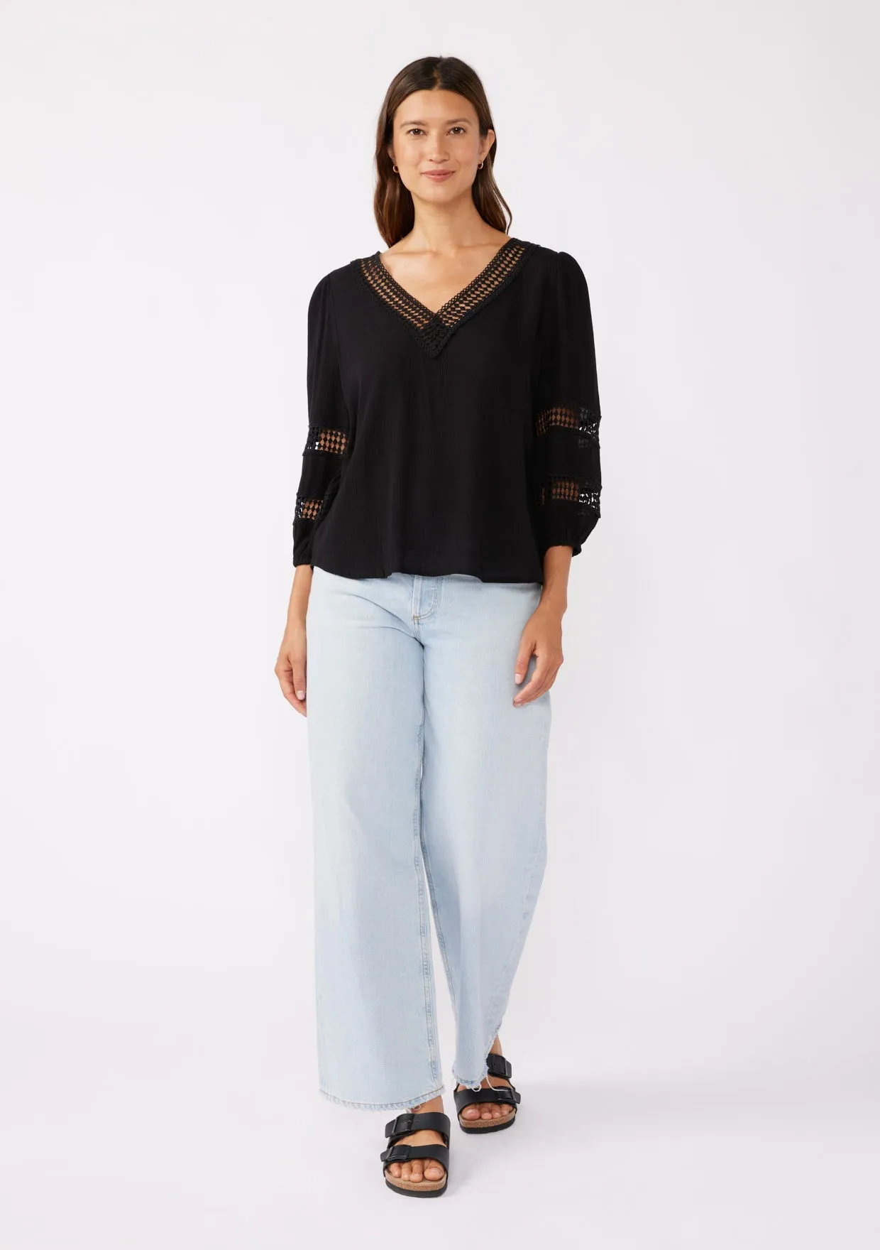 V-Neck Long Sleeve Blouse with Diamond Lace Trim