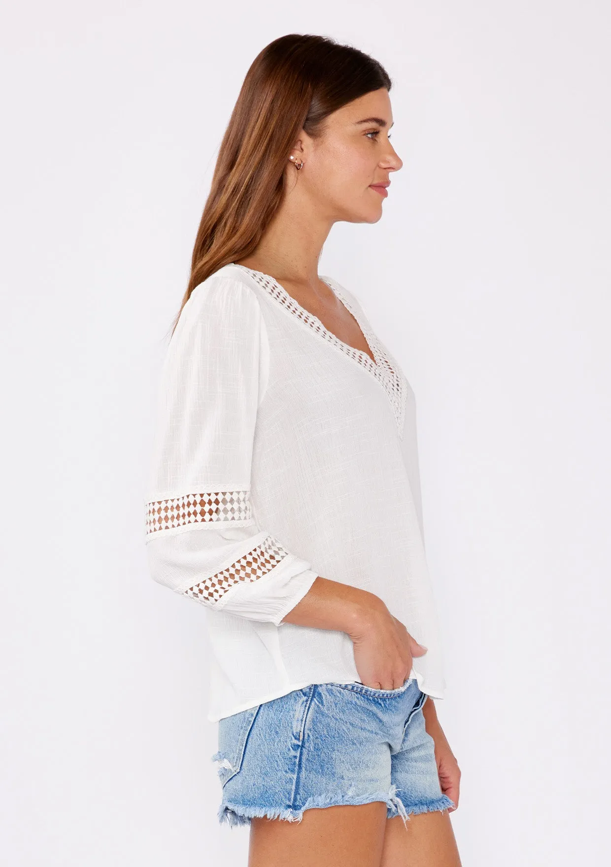 V-Neck Long Sleeve Blouse with Diamond Lace Trim