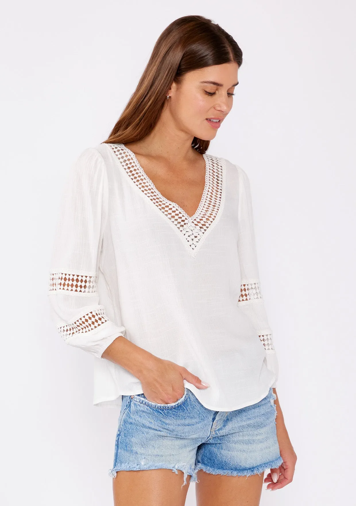 V-Neck Long Sleeve Blouse with Diamond Lace Trim