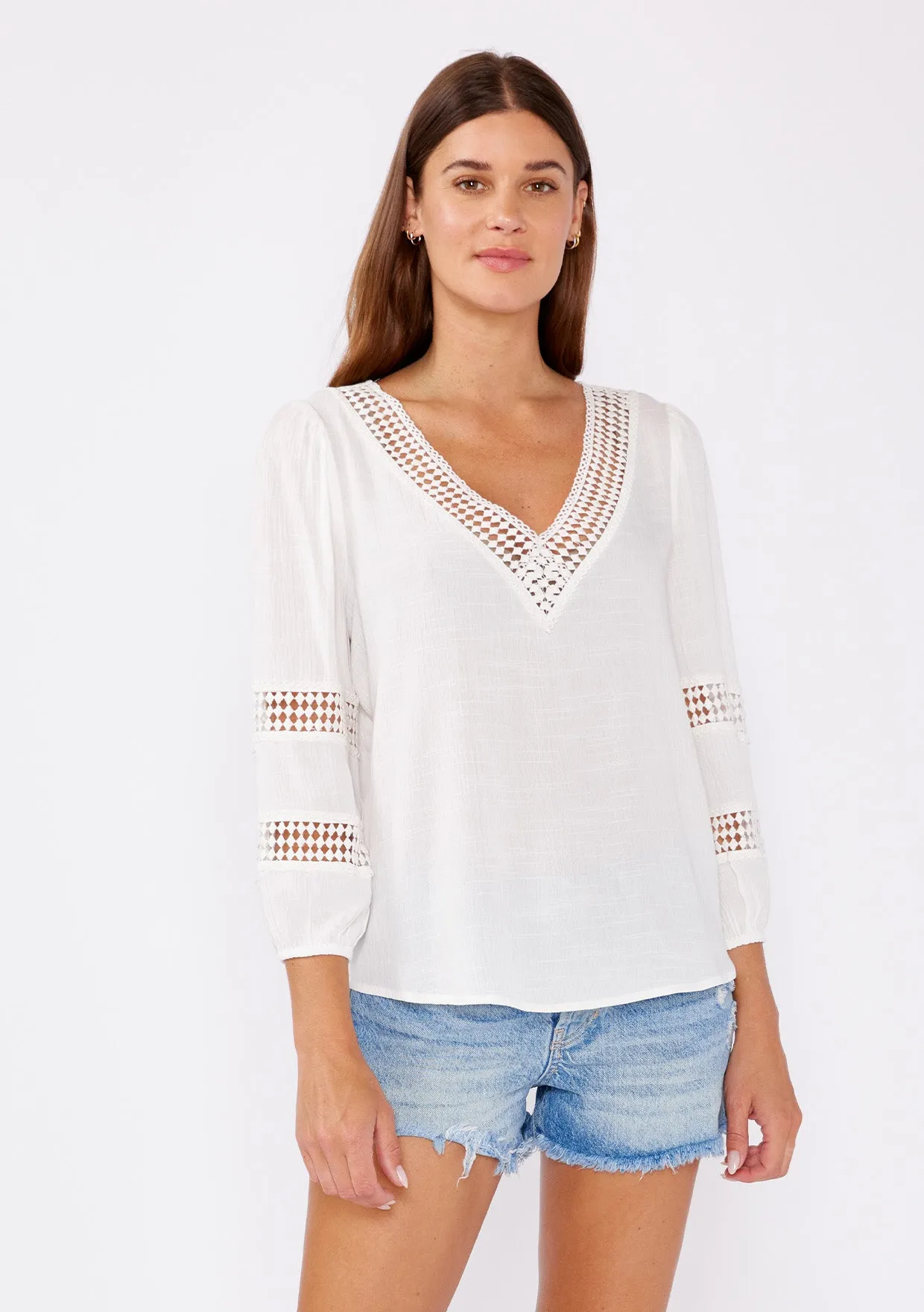 V-Neck Long Sleeve Blouse with Diamond Lace Trim