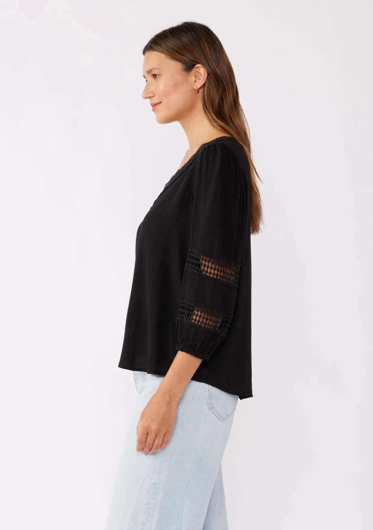 V-Neck Long Sleeve Blouse with Diamond Lace Trim