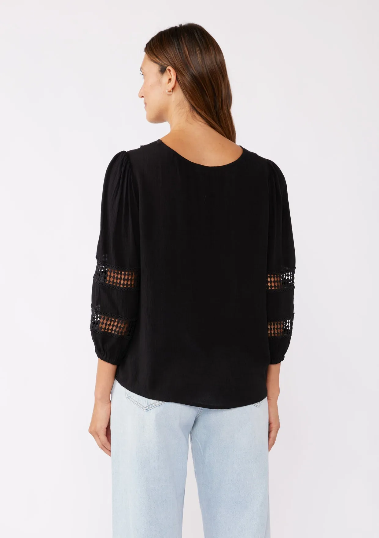 V-Neck Long Sleeve Blouse with Diamond Lace Trim