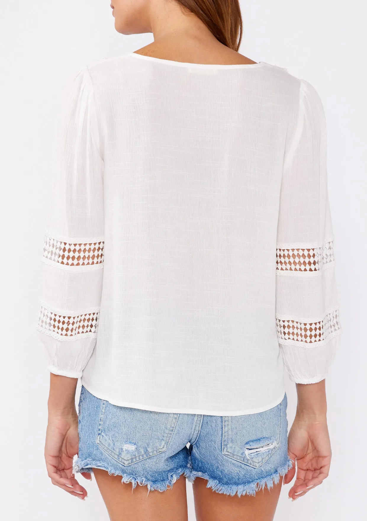 V-Neck Long Sleeve Blouse with Diamond Lace Trim