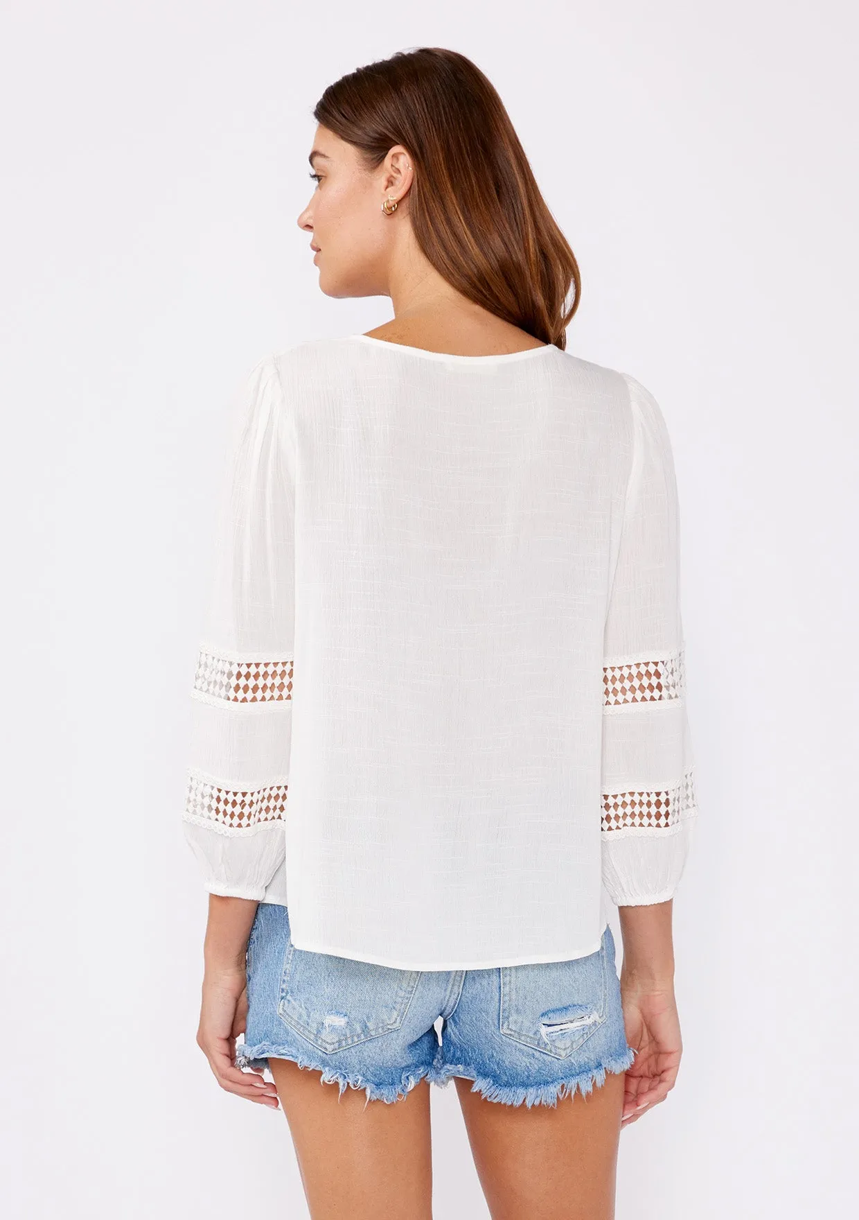 V-Neck Long Sleeve Blouse with Diamond Lace Trim