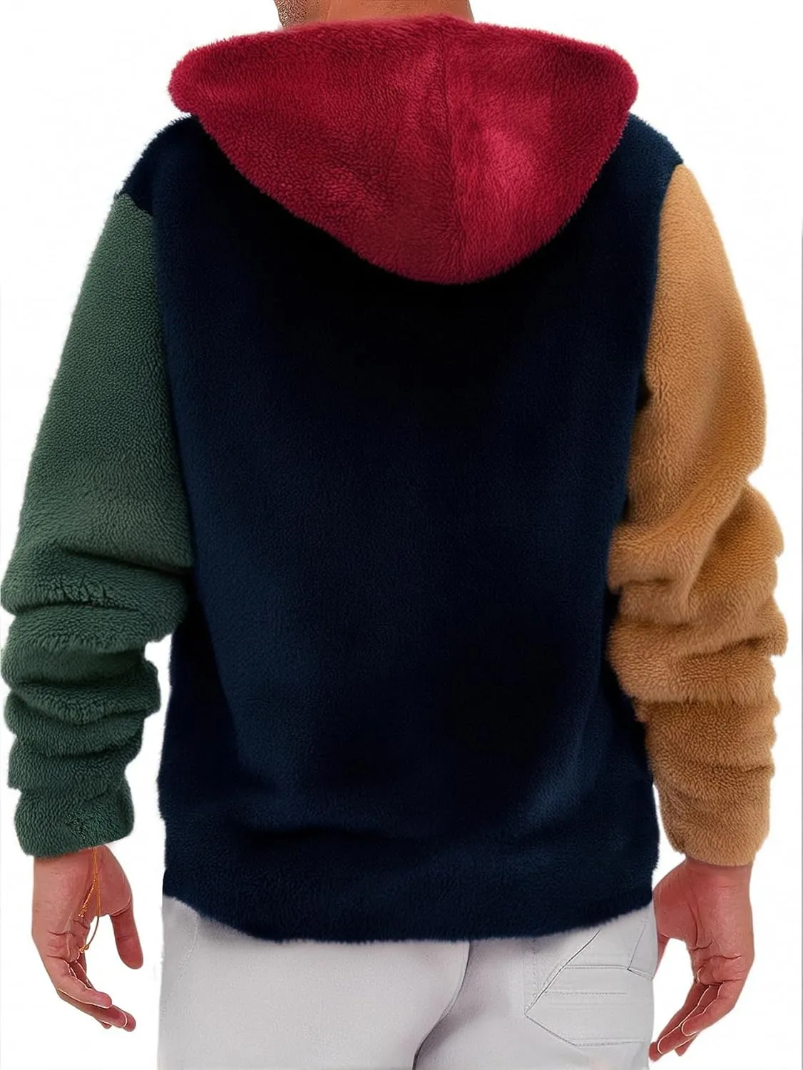 Verdusa Men's Color Block Fuzzy Fleece Hooded Sweatshirt Long Sleeve Pullover Hoodies