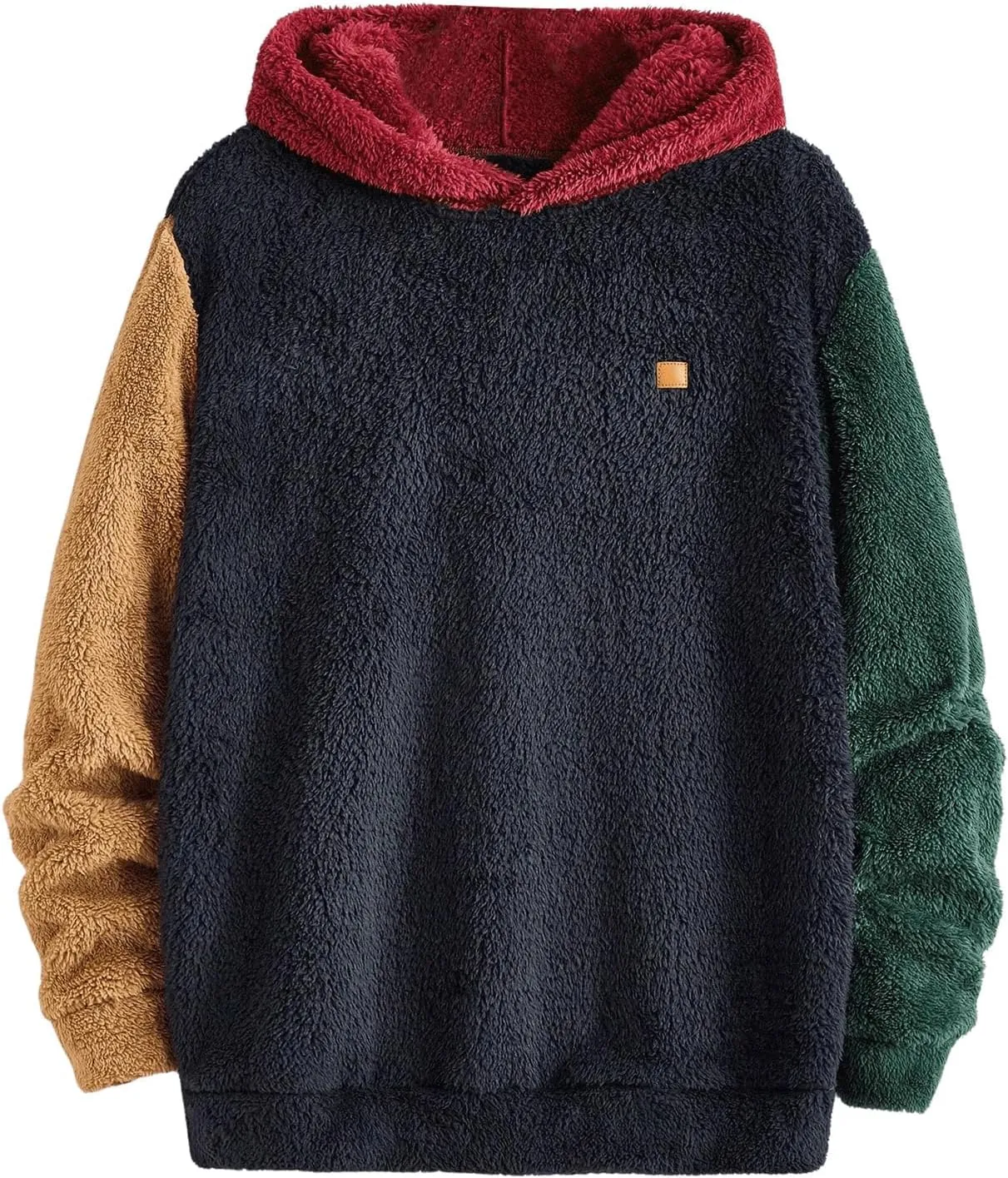 Verdusa Men's Color Block Fuzzy Fleece Hooded Sweatshirt Long Sleeve Pullover Hoodies