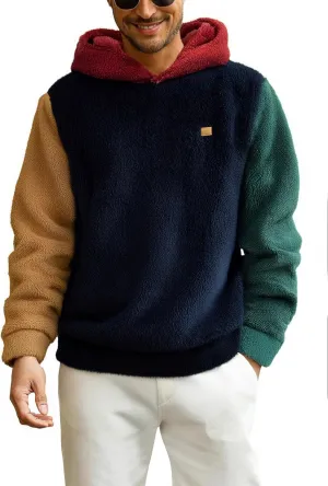 Verdusa Men's Color Block Fuzzy Fleece Hooded Sweatshirt Long Sleeve Pullover Hoodies