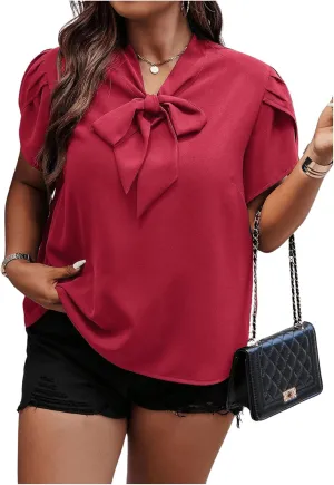 Verdusa Women's Plus Size Work Blouse Bow Tie Neck Petal Sleeve Blouse Office Work Shirt Top