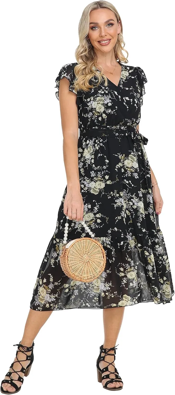 VintageClothing Womens Sundress Casual Floral Summer Boho Dress Flowy Wrap V Neck Ruffle A-Line Pleated Hem Midi Dresses