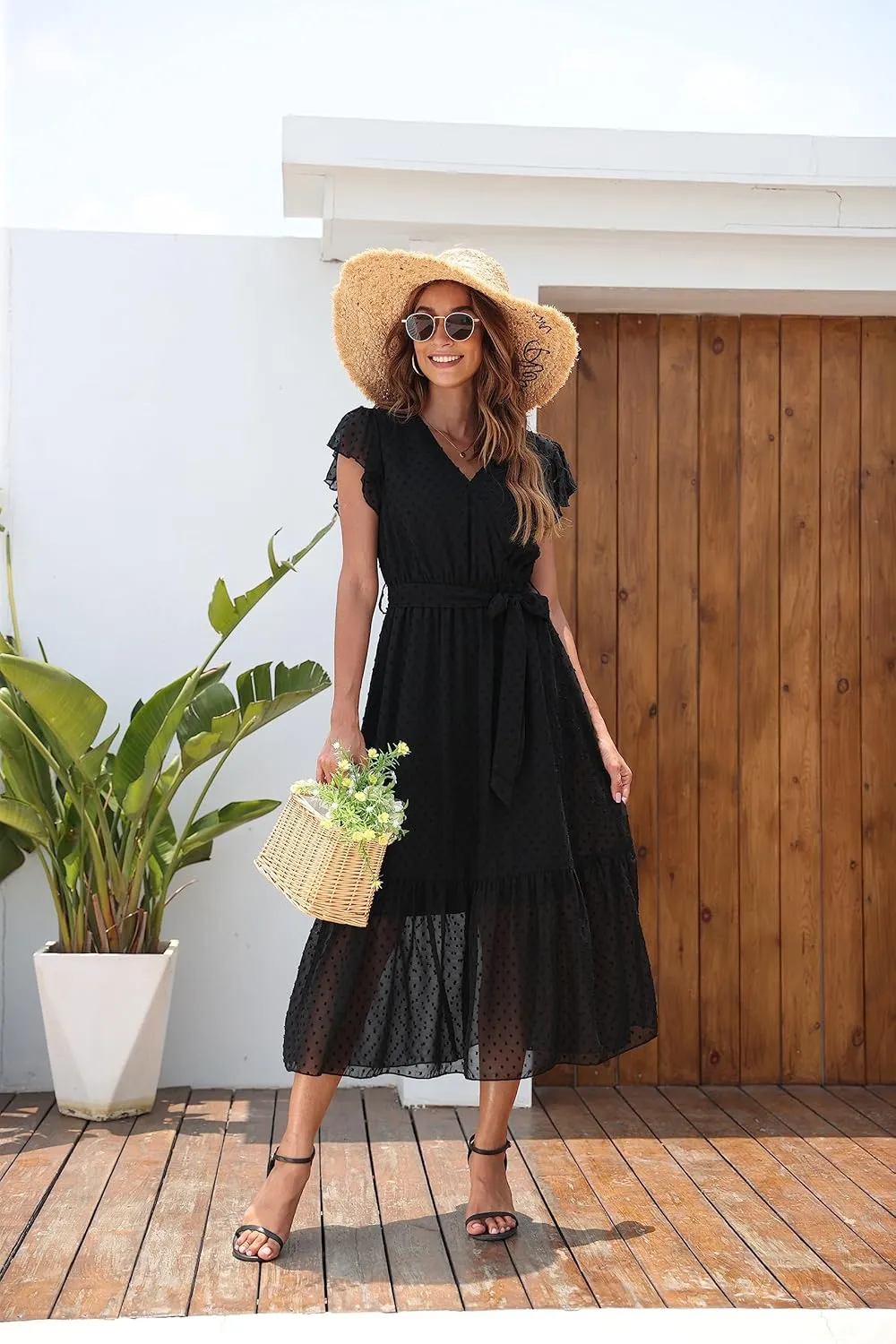 VintageClothing Womens Sundress Casual Floral Summer Boho Dress Flowy Wrap V Neck Ruffle A-Line Pleated Hem Midi Dresses