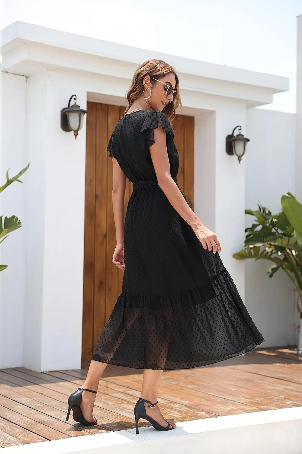 VintageClothing Womens Sundress Casual Floral Summer Boho Dress Flowy Wrap V Neck Ruffle A-Line Pleated Hem Midi Dresses