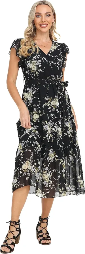 VintageClothing Womens Sundress Casual Floral Summer Boho Dress Flowy Wrap V Neck Ruffle A-Line Pleated Hem Midi Dresses