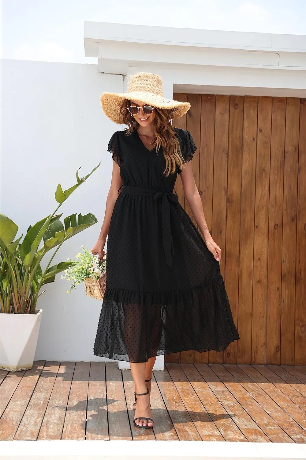 VintageClothing Womens Sundress Casual Floral Summer Boho Dress Flowy Wrap V Neck Ruffle A-Line Pleated Hem Midi Dresses