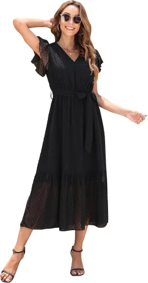 VintageClothing Womens Sundress Casual Floral Summer Boho Dress Flowy Wrap V Neck Ruffle A-Line Pleated Hem Midi Dresses
