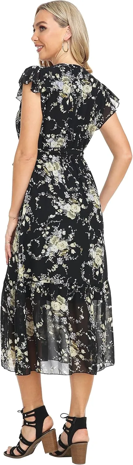 VintageClothing Womens Sundress Casual Floral Summer Boho Dress Flowy Wrap V Neck Ruffle A-Line Pleated Hem Midi Dresses