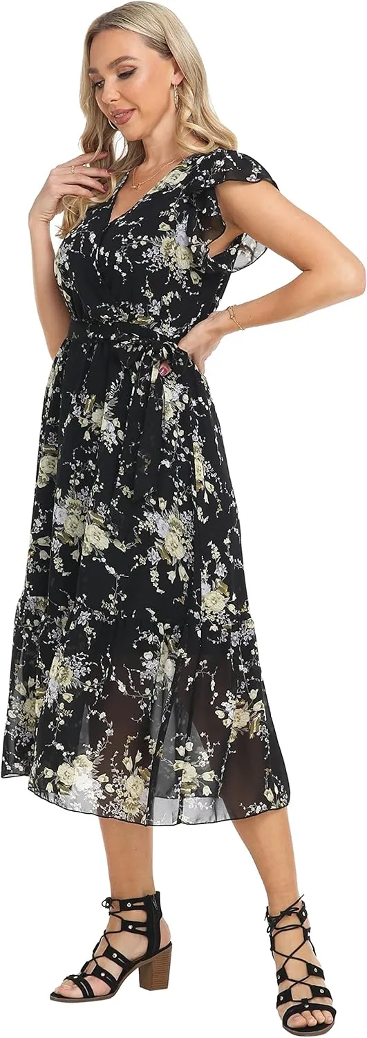 VintageClothing Womens Sundress Casual Floral Summer Boho Dress Flowy Wrap V Neck Ruffle A-Line Pleated Hem Midi Dresses