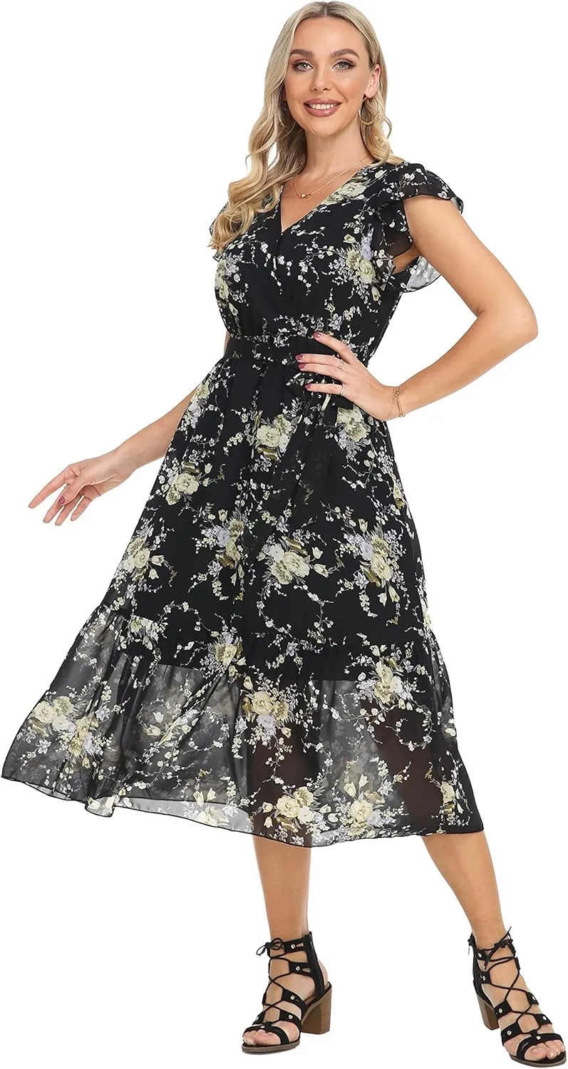 VintageClothing Womens Sundress Casual Floral Summer Boho Dress Flowy Wrap V Neck Ruffle A-Line Pleated Hem Midi Dresses
