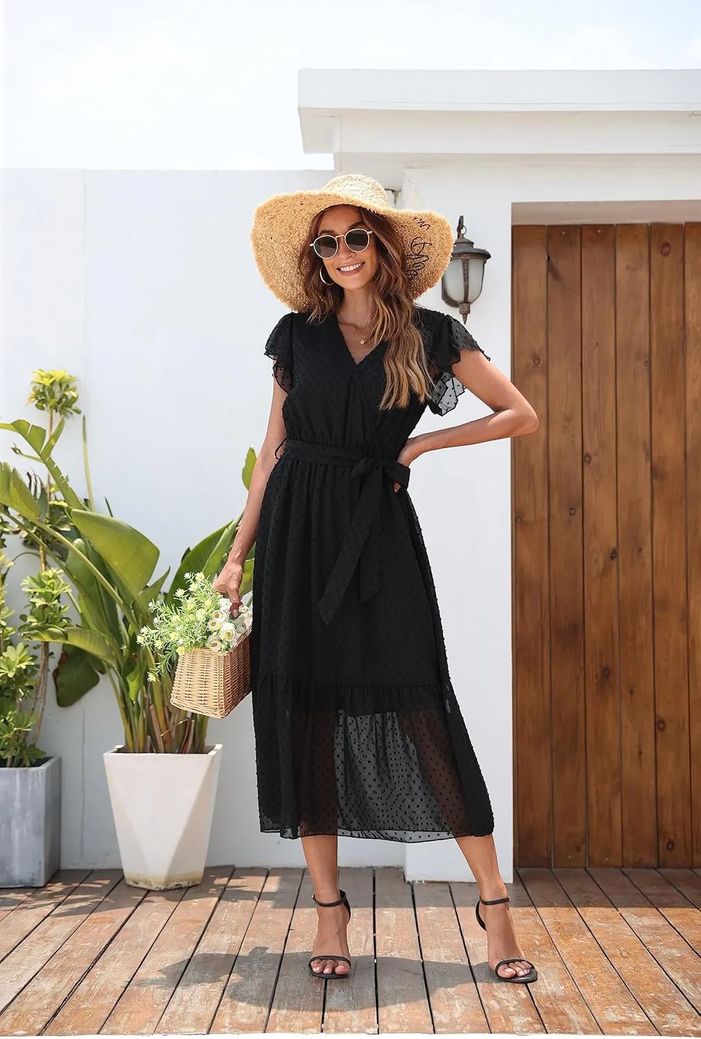 VintageClothing Womens Sundress Casual Floral Summer Boho Dress Flowy Wrap V Neck Ruffle A-Line Pleated Hem Midi Dresses