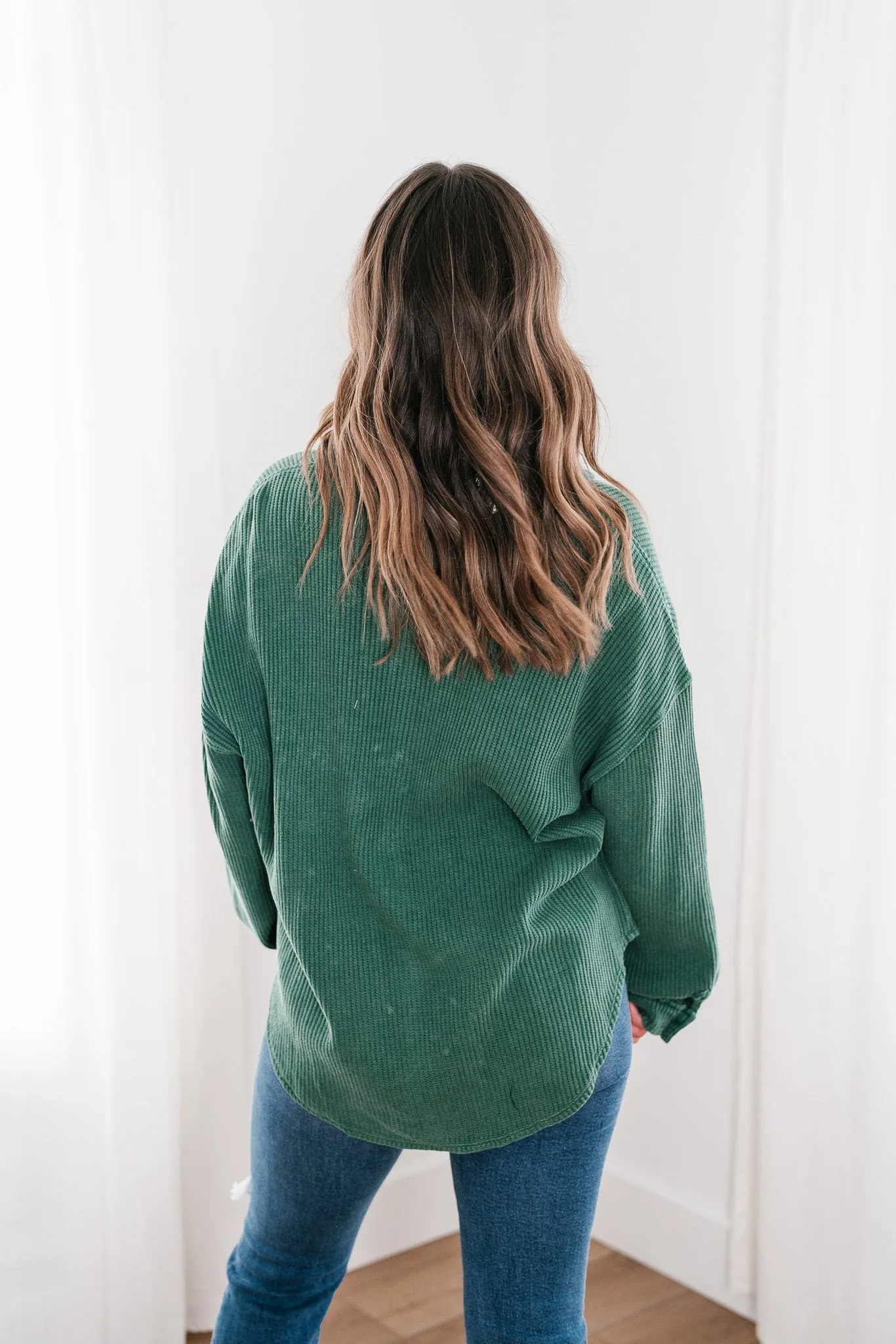 With Love Waffle Knit Button Up - Dark Green