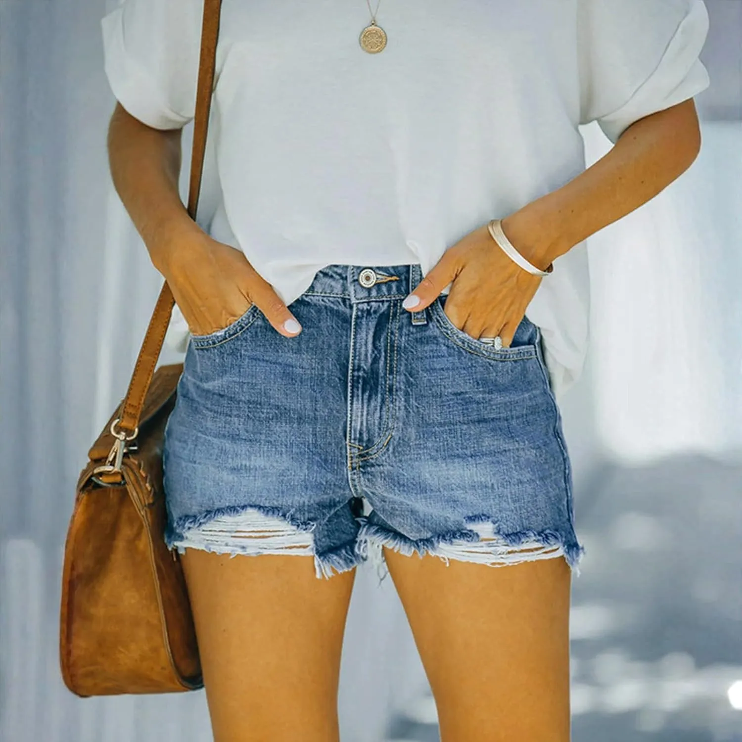 Women Denim Shorts High Waist Cut Off Ripped Jean Shorts with Pockets Stretchy Frayed Raw Hem Distressed Jorts