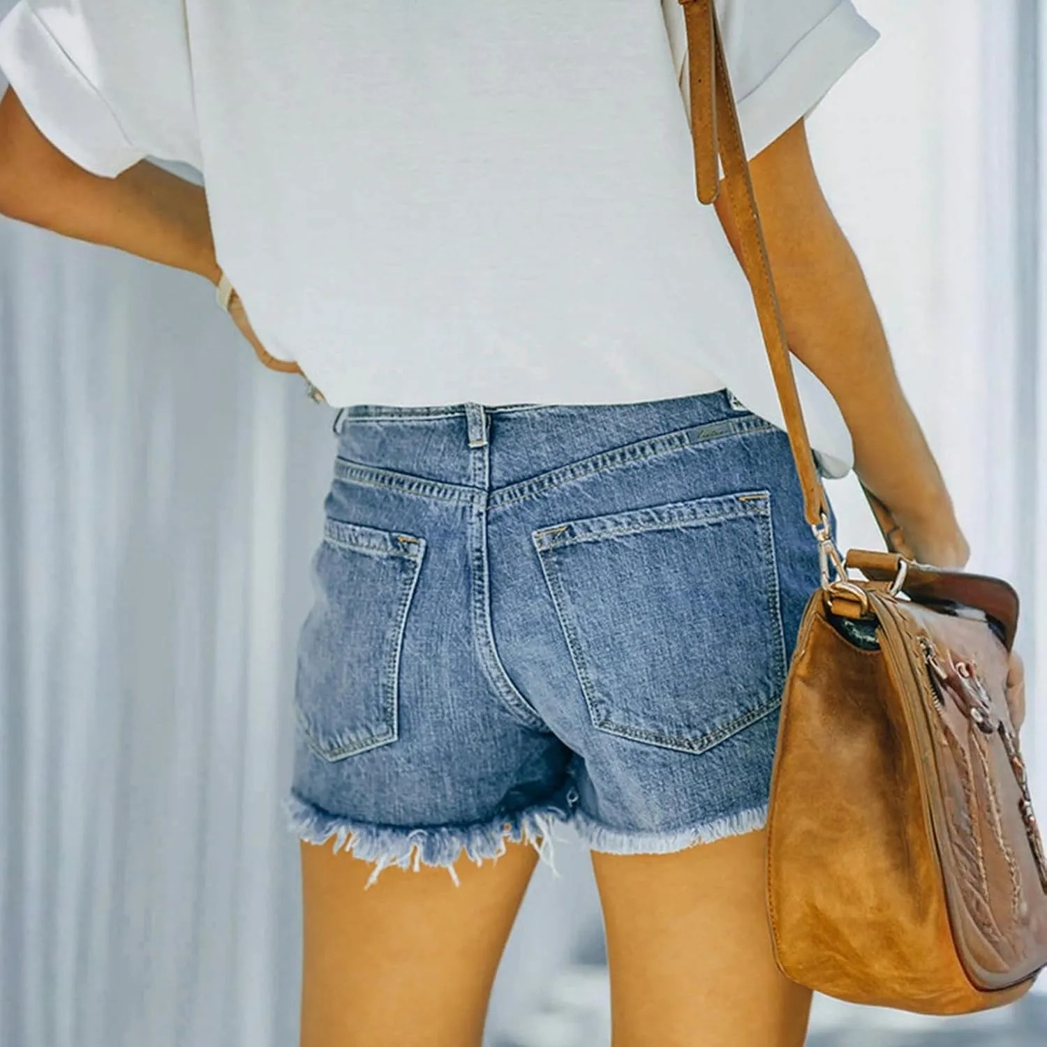 Women Denim Shorts High Waist Cut Off Ripped Jean Shorts with Pockets Stretchy Frayed Raw Hem Distressed Jorts