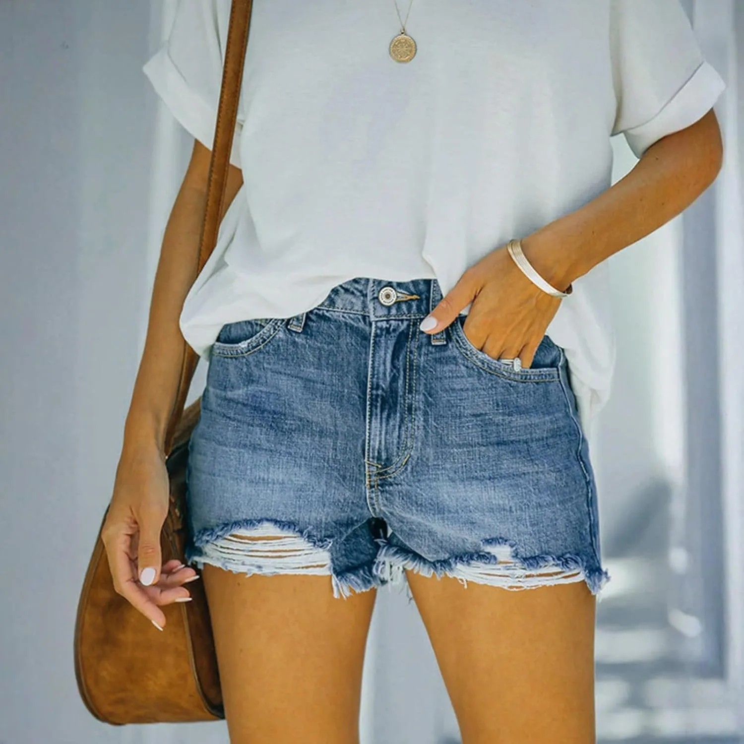 Women Denim Shorts High Waist Cut Off Ripped Jean Shorts with Pockets Stretchy Frayed Raw Hem Distressed Jorts