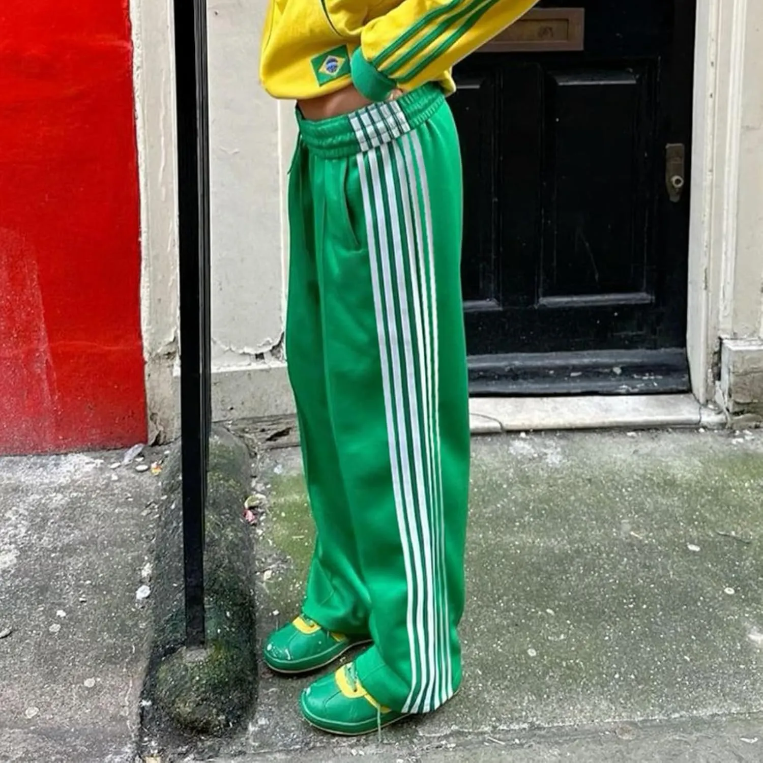 Women Side Striped Track Pants Y2k Drawstring Waist Wide Leg Cargo Sweatpants Casual Loose Jogger Lounge Pants