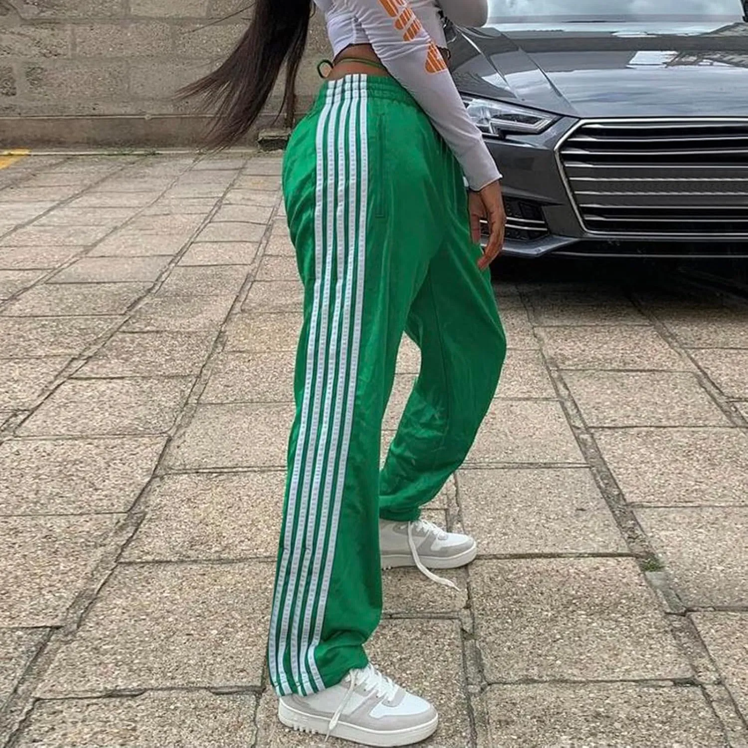 Women Side Striped Track Pants Y2k Drawstring Waist Wide Leg Cargo Sweatpants Casual Loose Jogger Lounge Pants