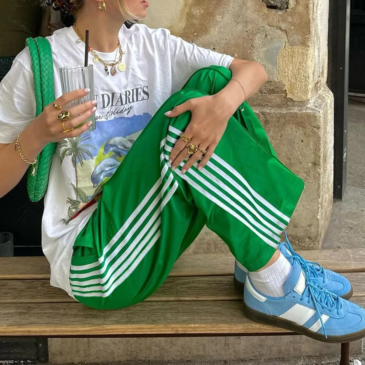 Women Side Striped Track Pants Y2k Drawstring Waist Wide Leg Cargo Sweatpants Casual Loose Jogger Lounge Pants