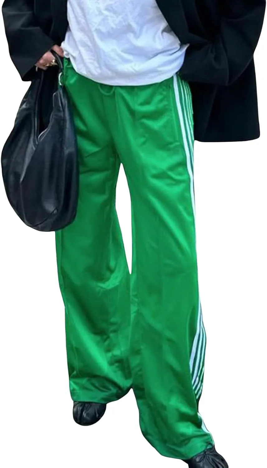 Women Side Striped Track Pants Y2k Drawstring Waist Wide Leg Cargo Sweatpants Casual Loose Jogger Lounge Pants