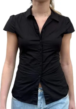 Women Solid Color Crop Top Lace Short Sleeve Patchwork T-Shirt Aesthetic Fairy Slim Fit Button Down Blouse