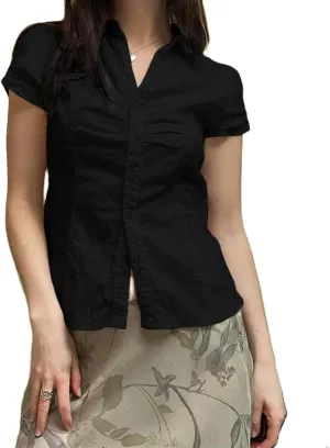 Women Solid Color Crop Top Lace Short Sleeve Patchwork T-Shirt Aesthetic Fairy Slim Fit Button Down Blouse