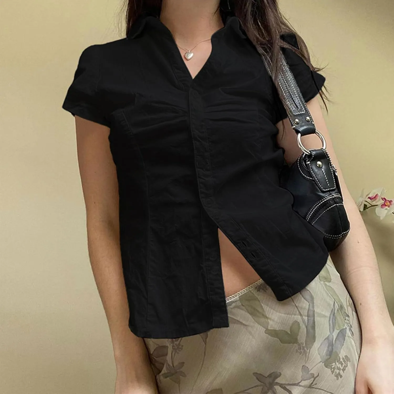 Women Solid Color Crop Top Lace Short Sleeve Patchwork T-Shirt Aesthetic Fairy Slim Fit Button Down Blouse