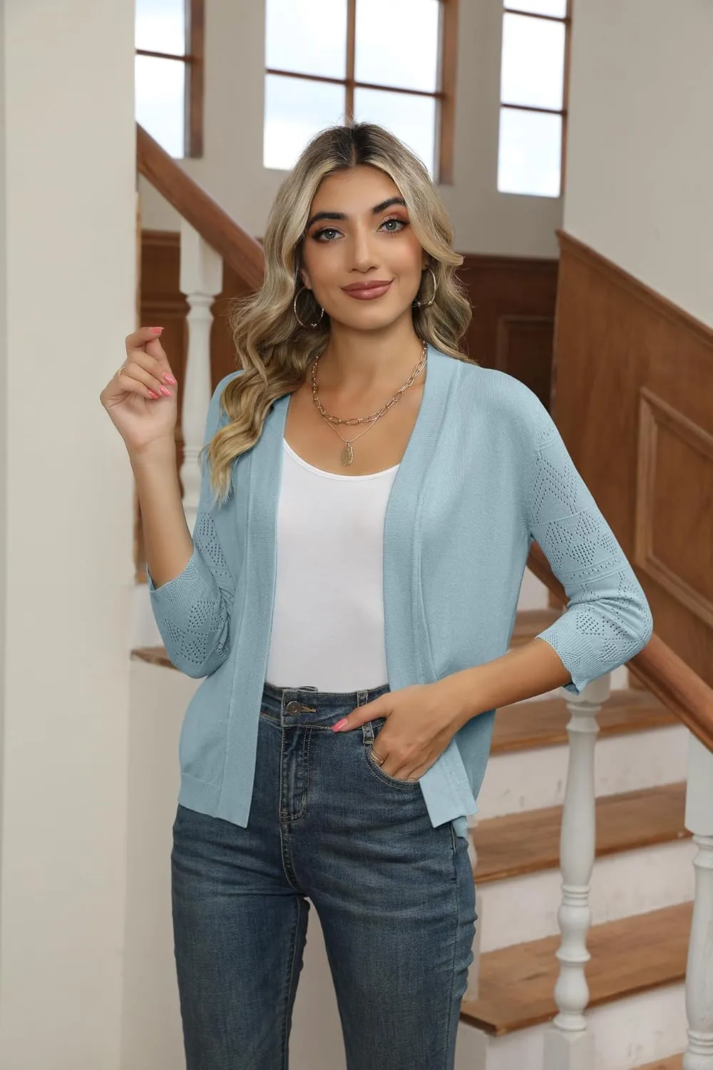 Women's Cropped Cardigans Shrugs for Dresses 3/4 Sleeve Lightweight Hollow Out Crochet Knit Sweater Tops