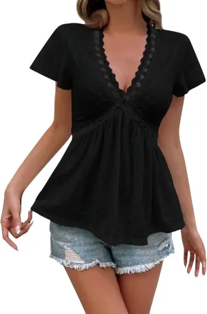 Women's Lace Trim V-Neck Short Sleeve Blouse Casual Summer Eyelet Top with Elegant Design for Daily Wear
