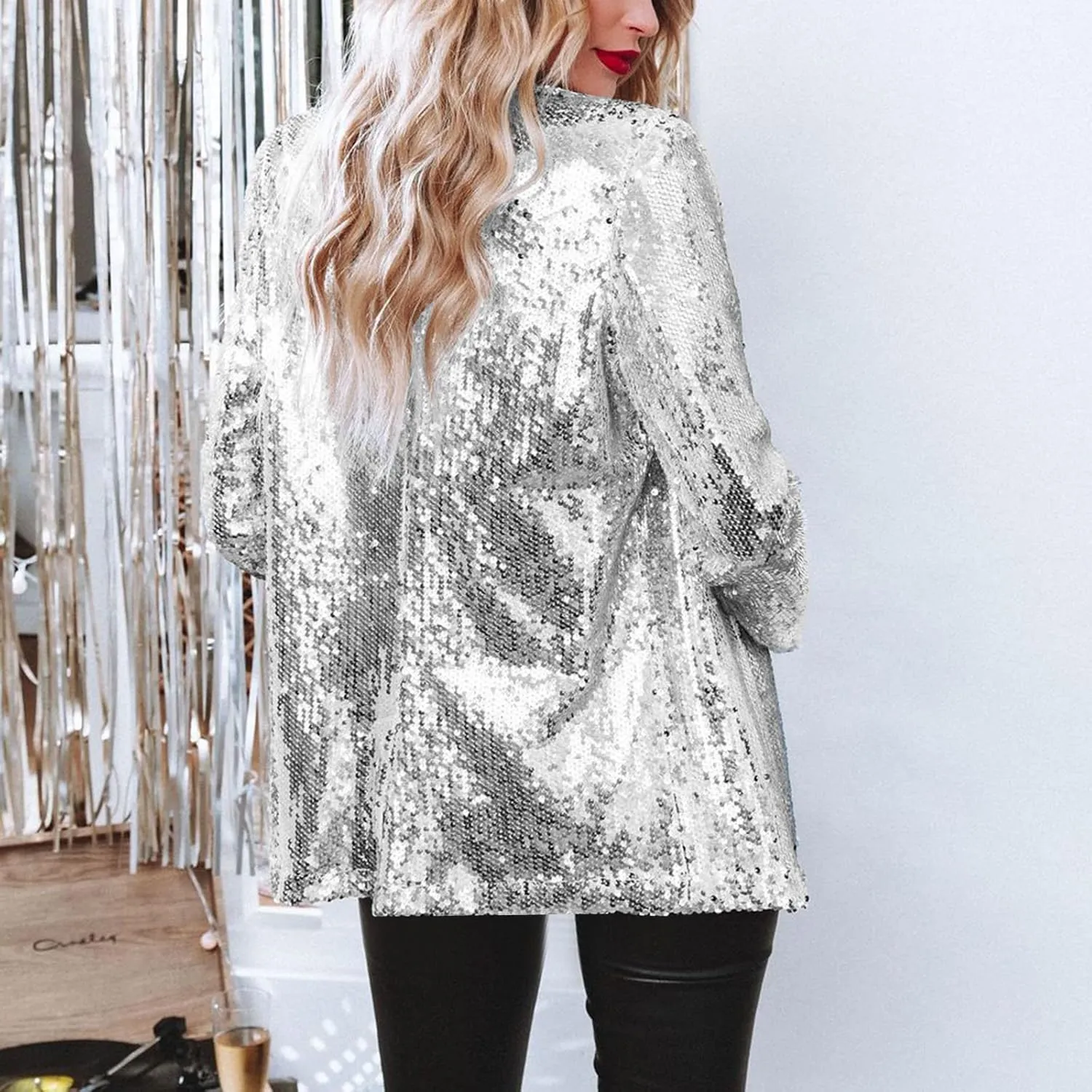 Women's Sequin Blazer Jacket Lightweight Casual Long Sleeves Cardigan Coat Evening Glitter Sparkle Sequins Shiny Outfit