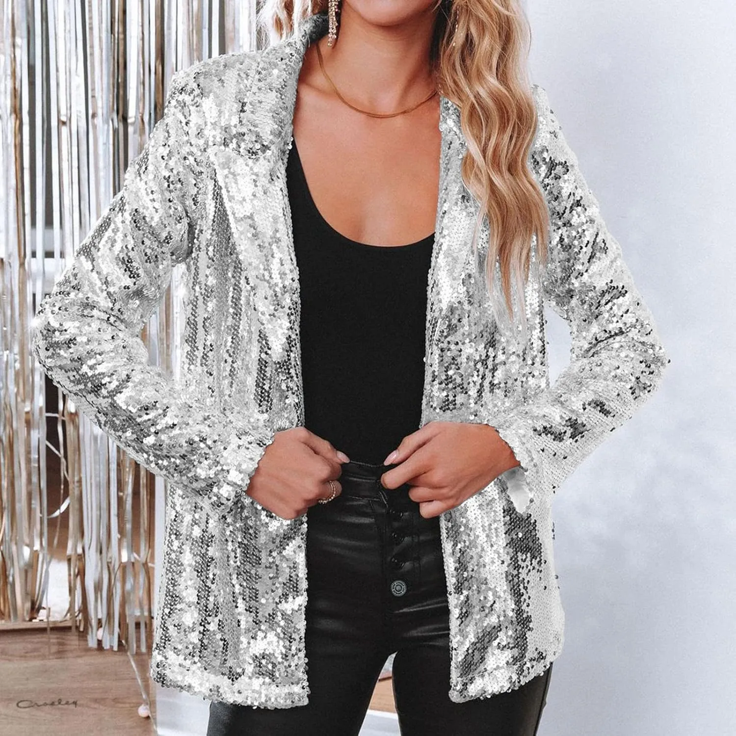 Women's Sequin Blazer Jacket Lightweight Casual Long Sleeves Cardigan Coat Evening Glitter Sparkle Sequins Shiny Outfit