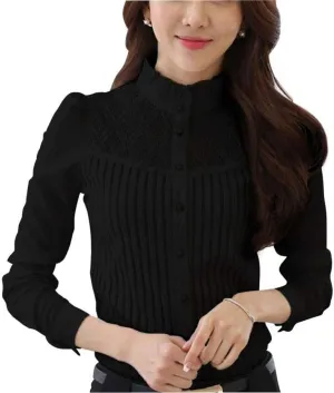 Womens Vintage Victorian Pleated Button Down Shirt Long Sleeve Stretch Blouse