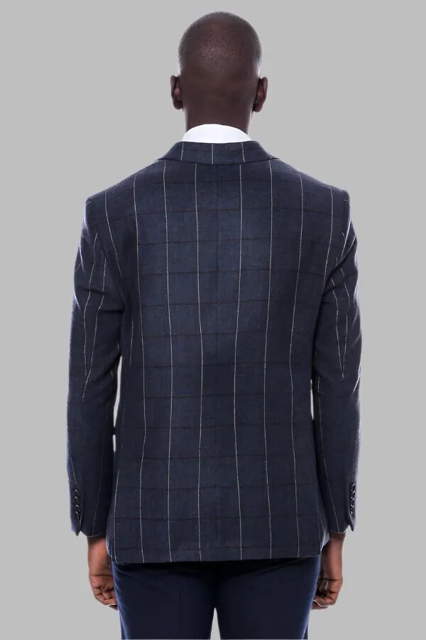 WSS Checked Navy Blue Slim-Fit Blazer  - Singen