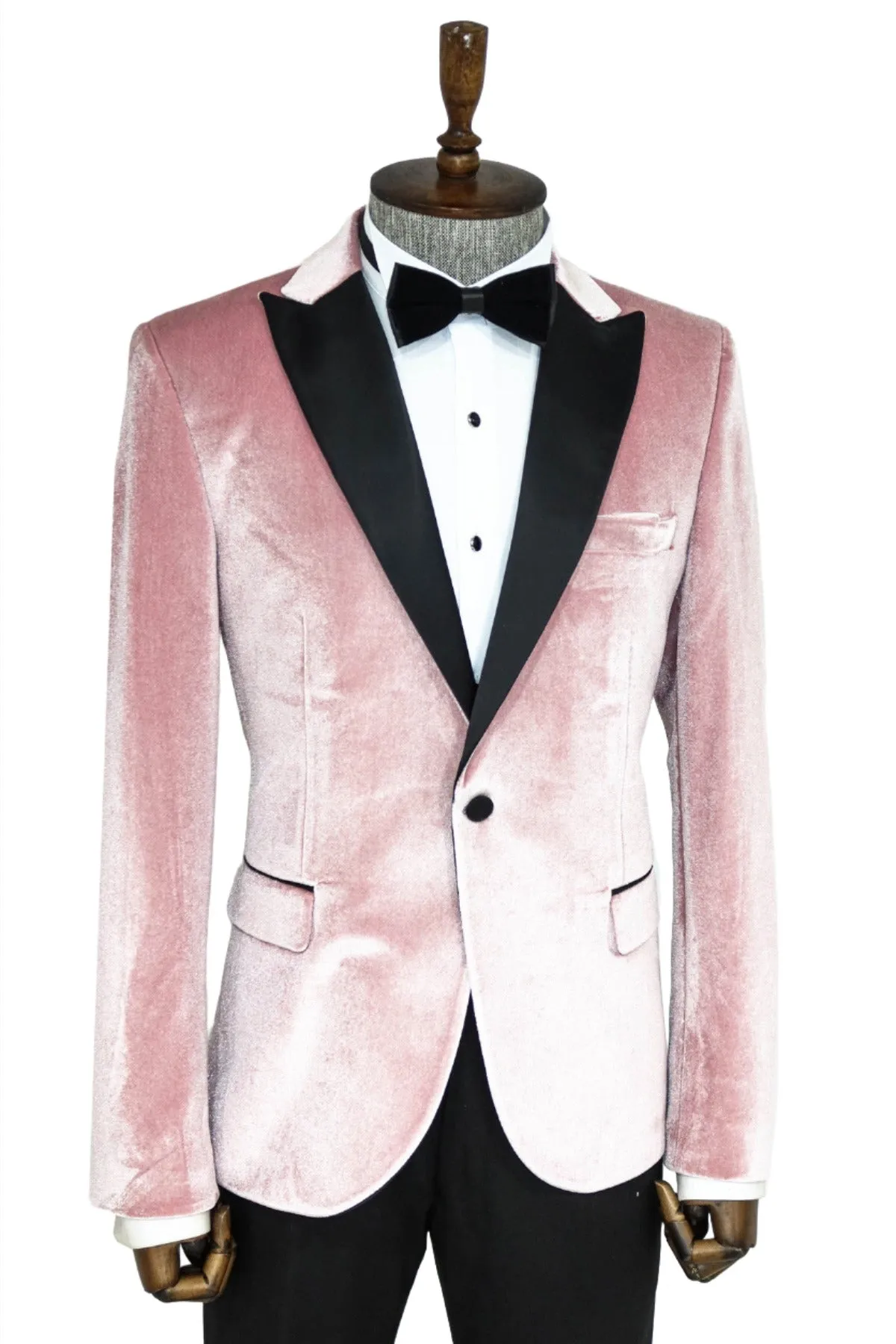 WSS Slim Fit Peak Lapel Velvet Pink Men Prom Blazer - Singen