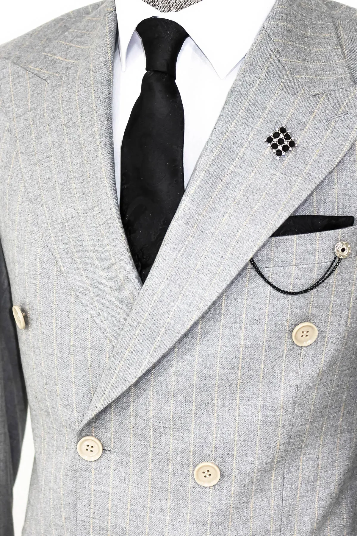 WSS Striped Double Breasted Grey Men Blazer  - Singen