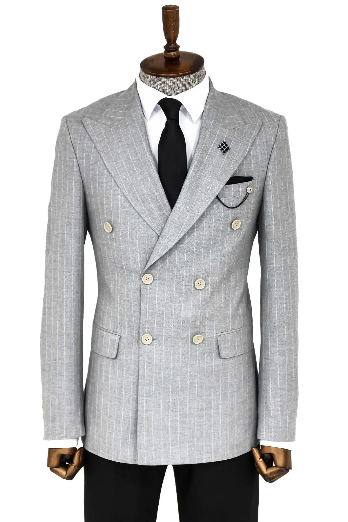 WSS Striped Double Breasted Grey Men Blazer  - Singen