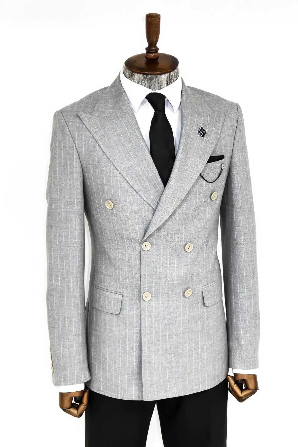 WSS Striped Double Breasted Grey Men Blazer  - Singen