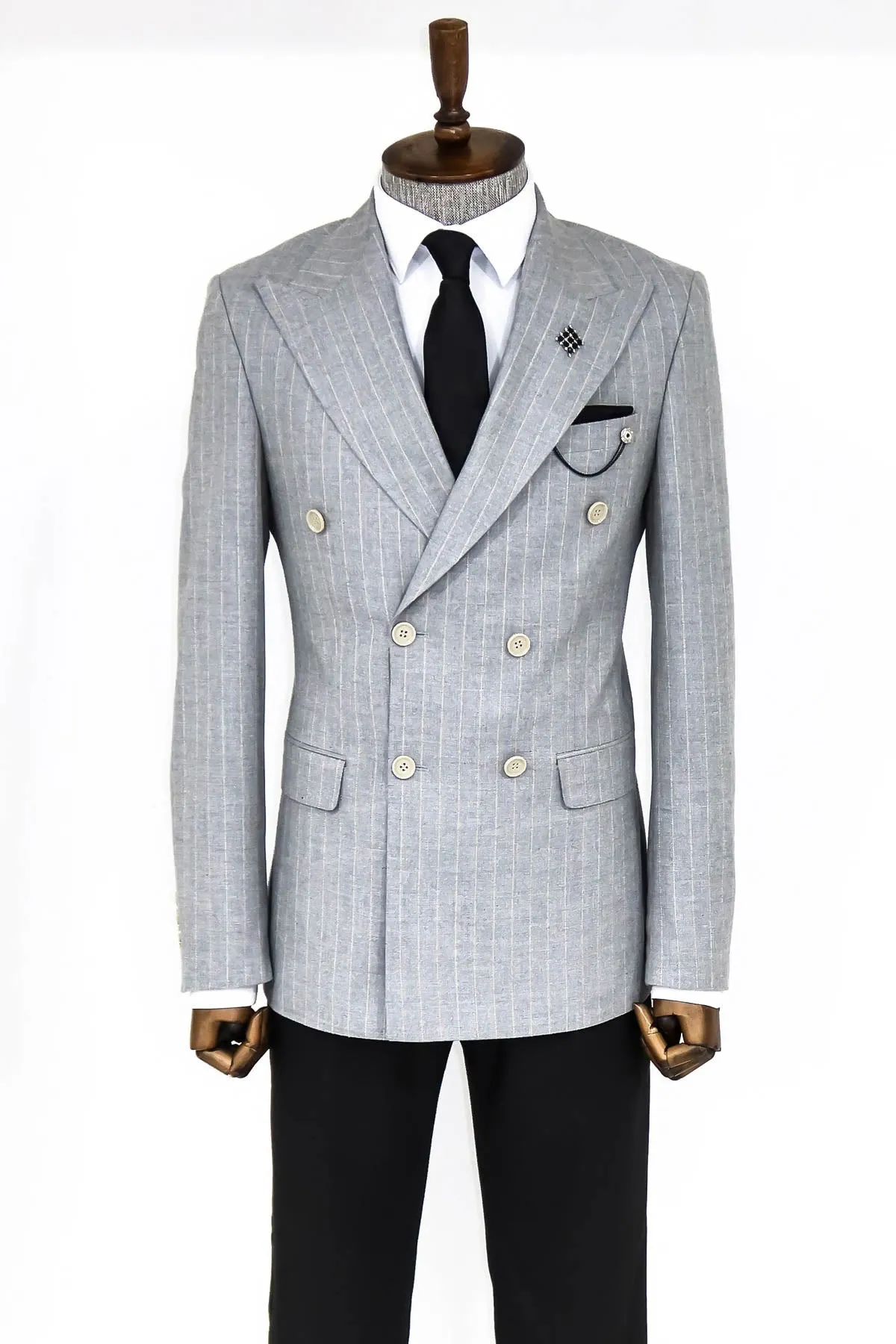 WSS Striped Double Breasted Grey Men Blazer  - Singen