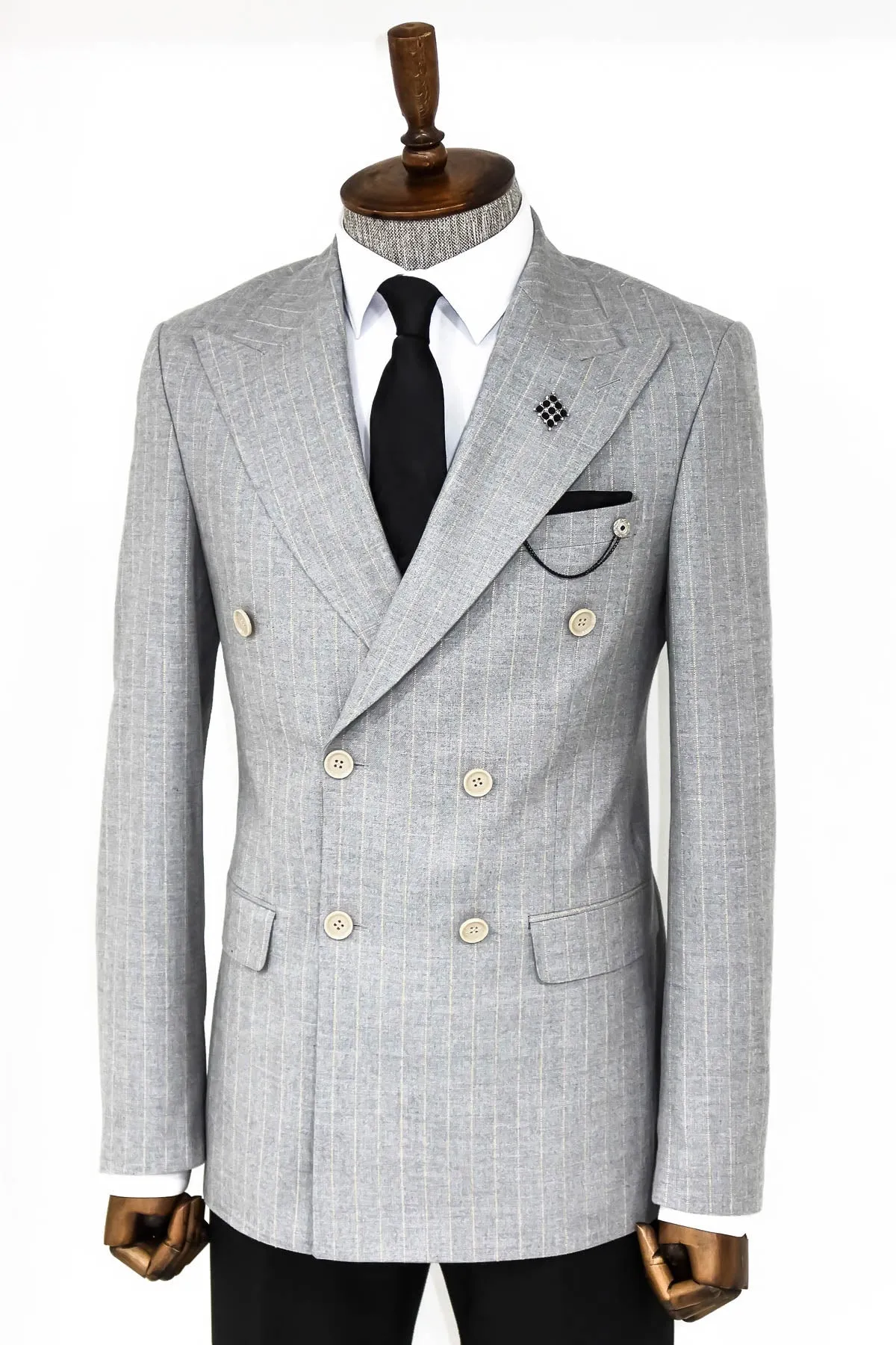 WSS Striped Double Breasted Grey Men Blazer  - Singen
