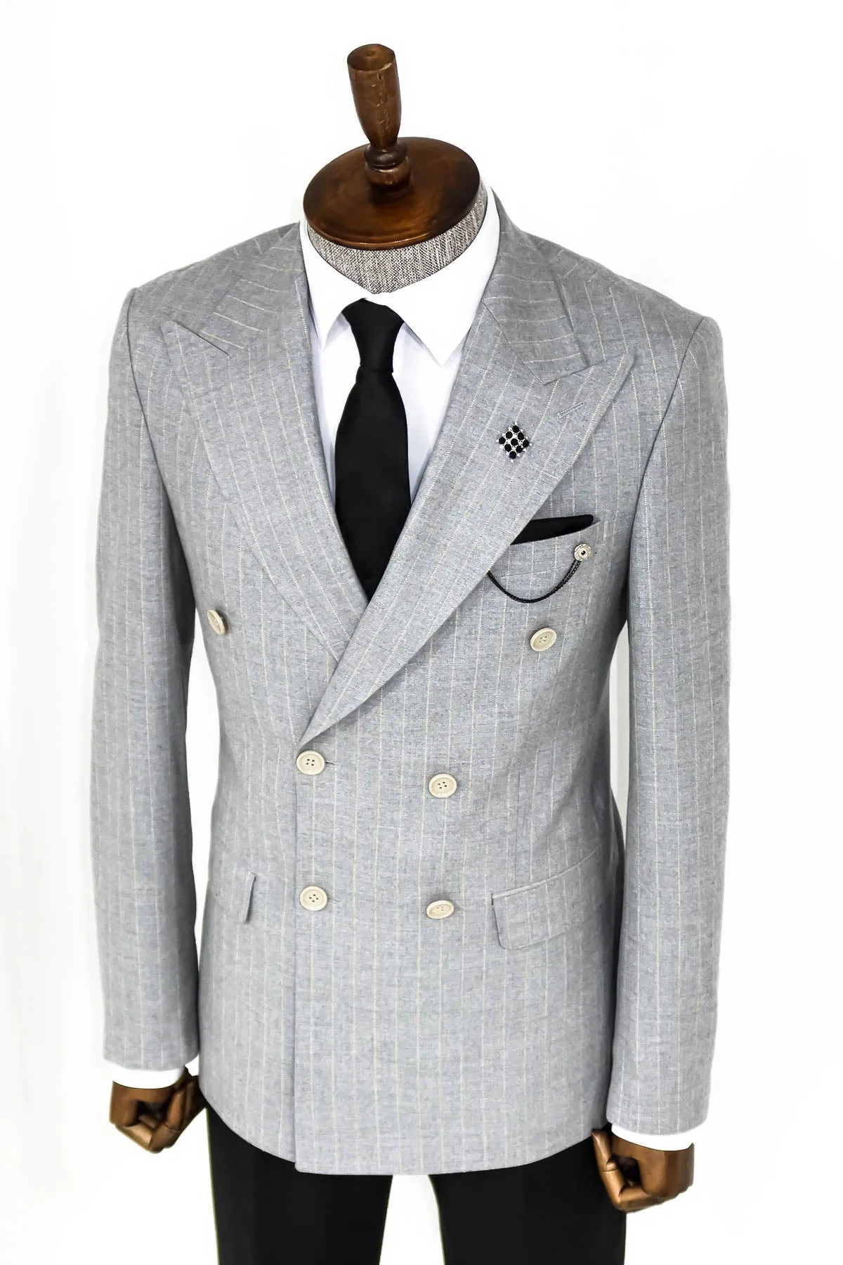 WSS Striped Double Breasted Grey Men Blazer  - Singen