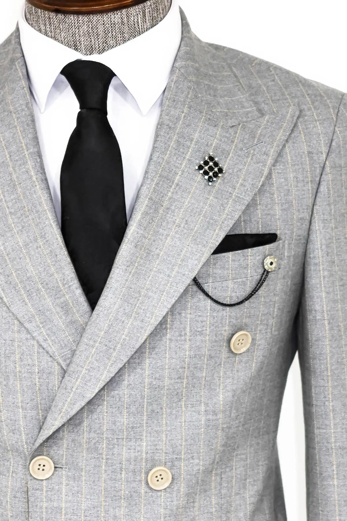 WSS Striped Double Breasted Grey Men Blazer  - Singen